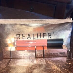 RealHer Lip Gloss and Lipstick Trio - Radiant Pink and Red with cosmetics case